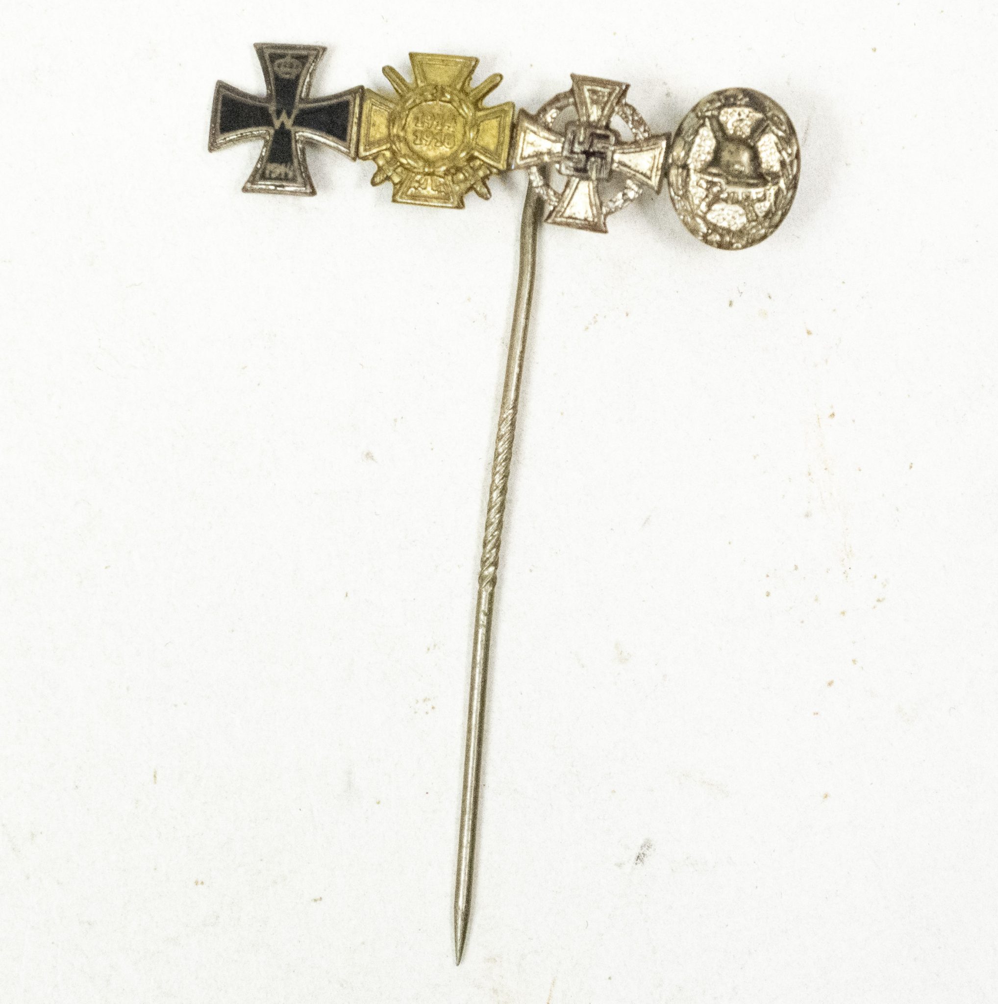 German stickpin with EK2 + Frontkämpfer Ehrenkreuz + Treue Dienste 25 jahre + Verwundetenabzeichen silber (7)