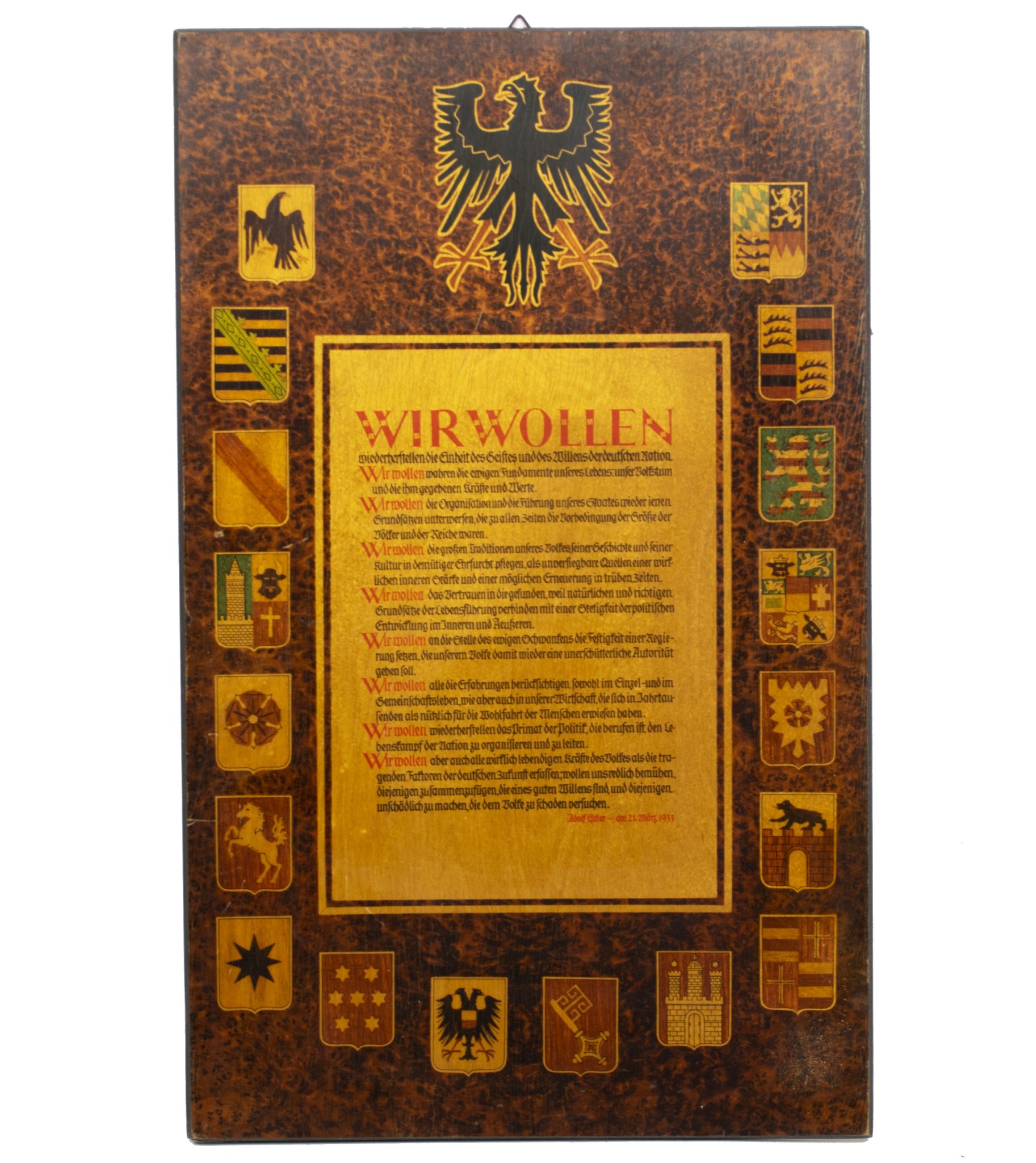 NSDAP wooden plaque Wir Wollen (52 x 32,5 cm) - rare