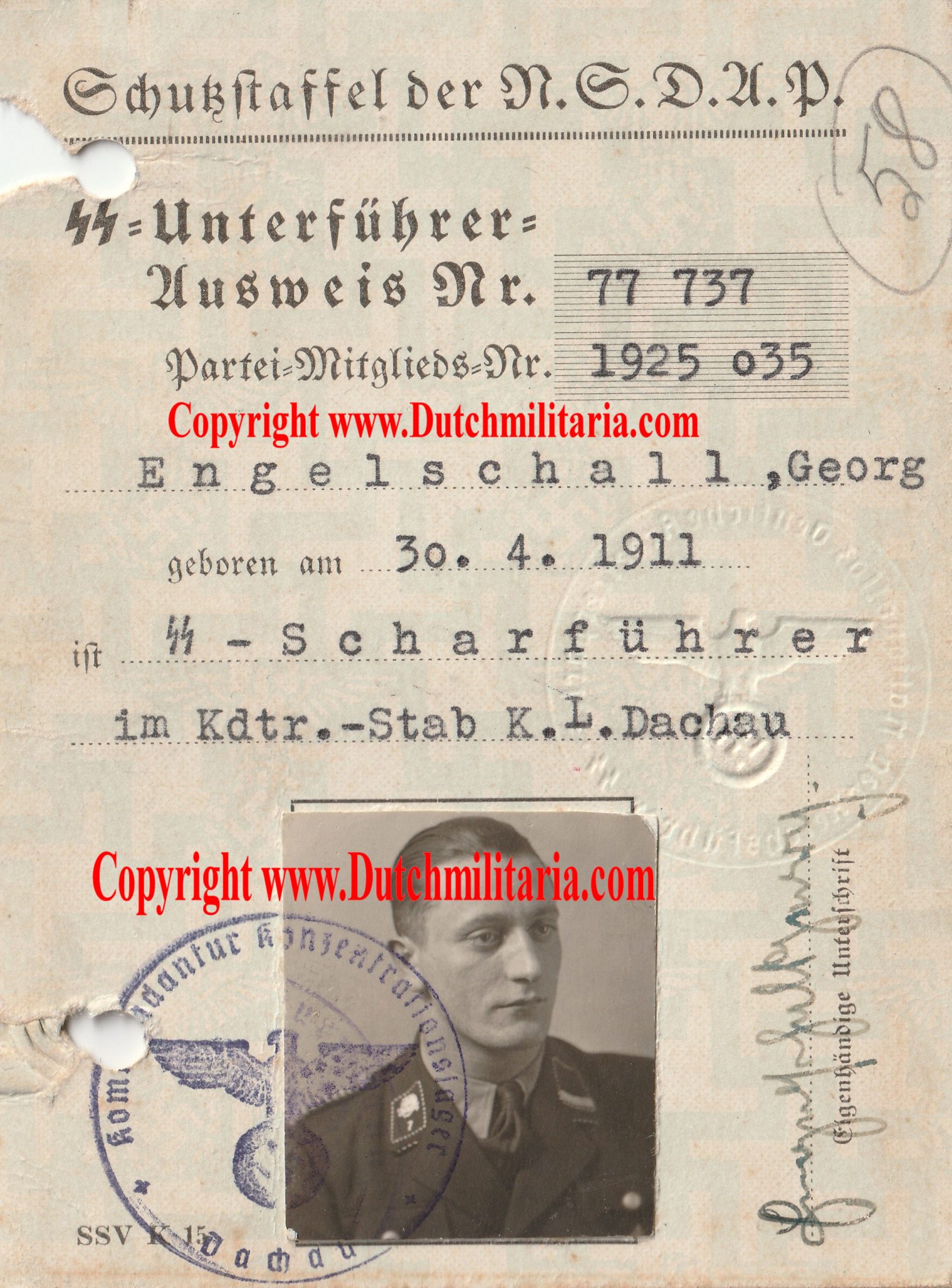 SS-Unterführer Ausweis Georg Engelschall Staff Concentrationcamp Dachau (and later Auschwitz) - Extremely rare!!!
