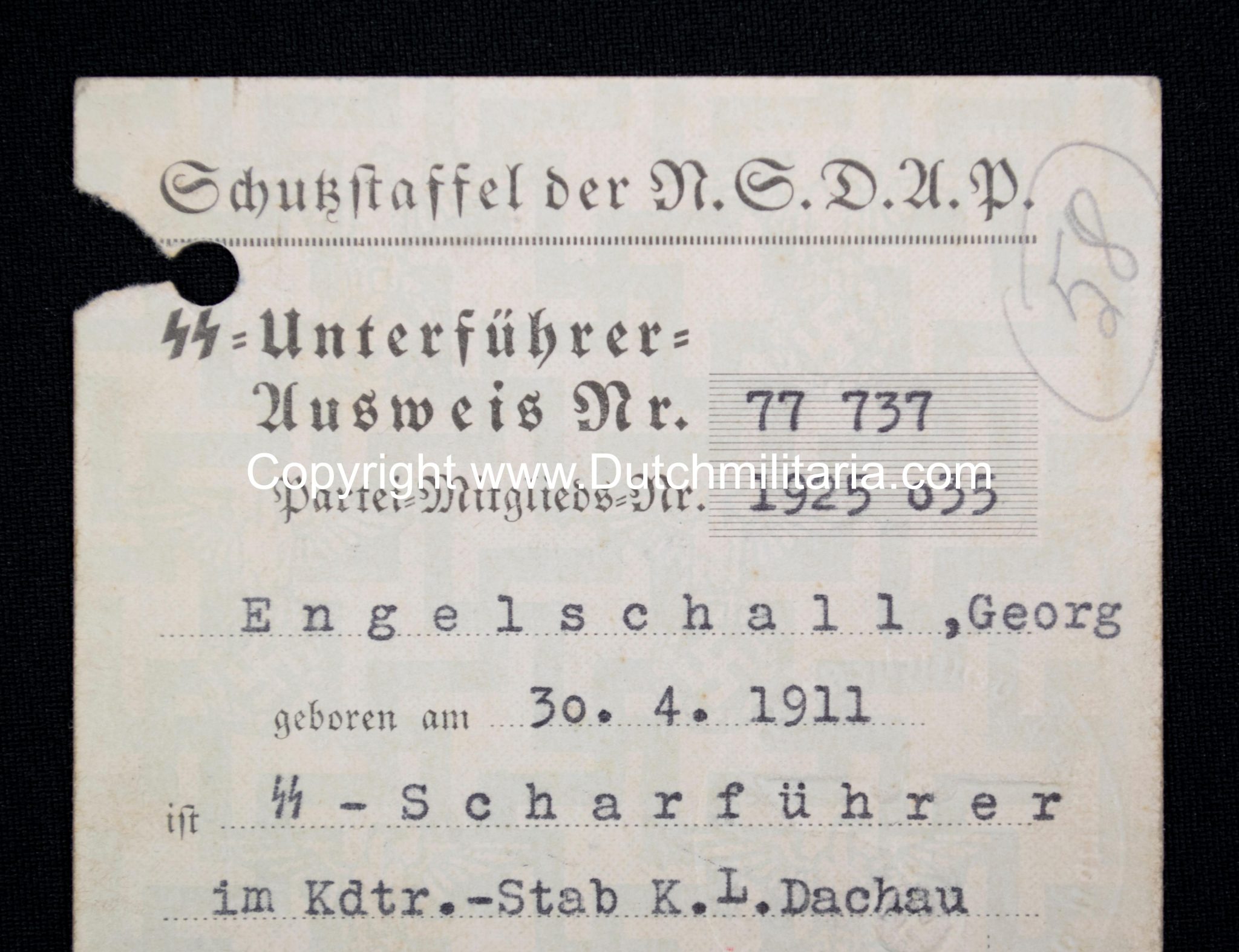 SS-Unterführer Ausweis Georg Engelschall Staff Concentrationcamp Dachau (and later Auschwitz) - Extremely rare!!!