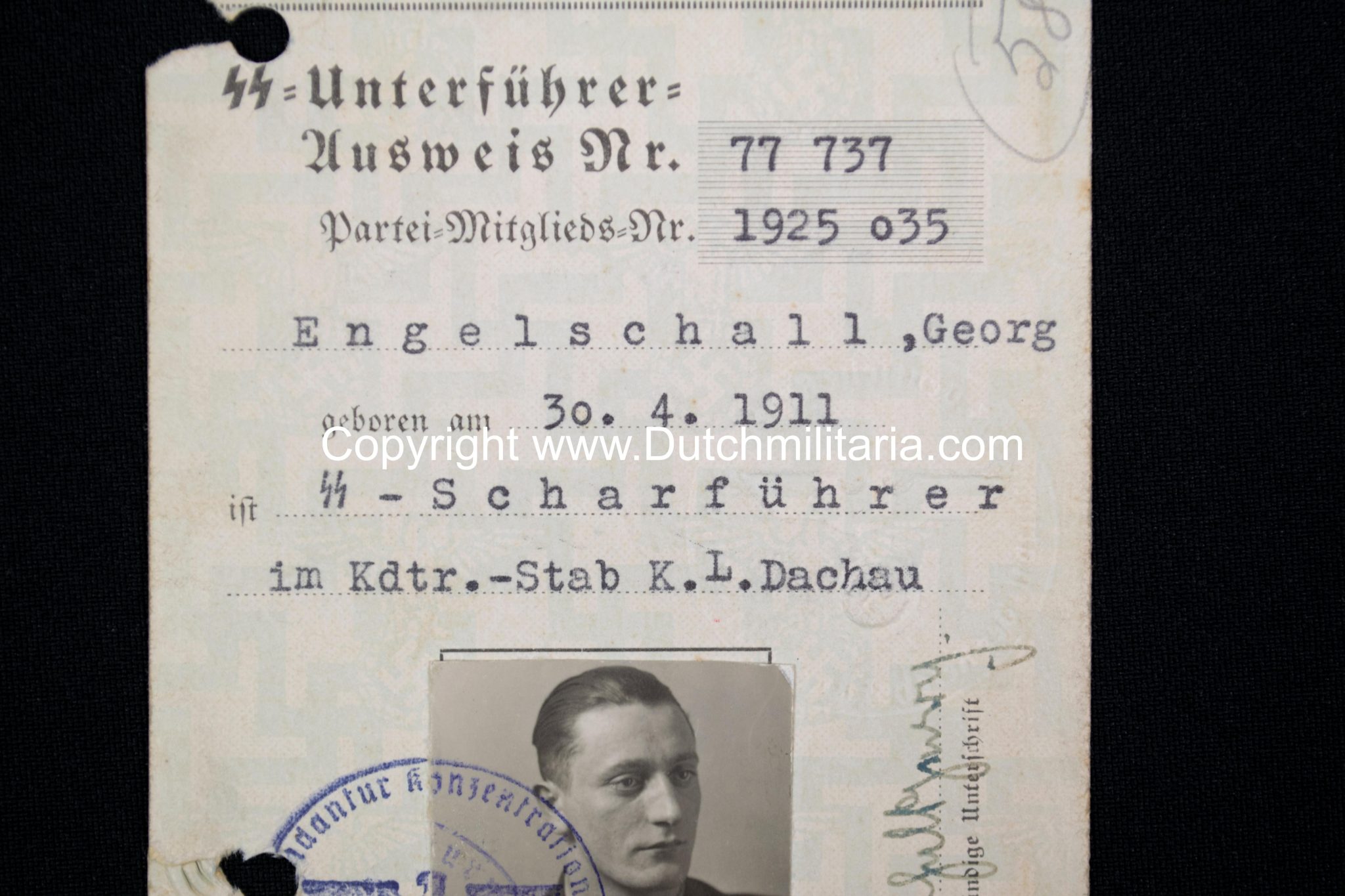 SS-Unterführer Ausweis Georg Engelschall Staff Concentrationcamp Dachau (and later Auschwitz) - Extremely rare!!!