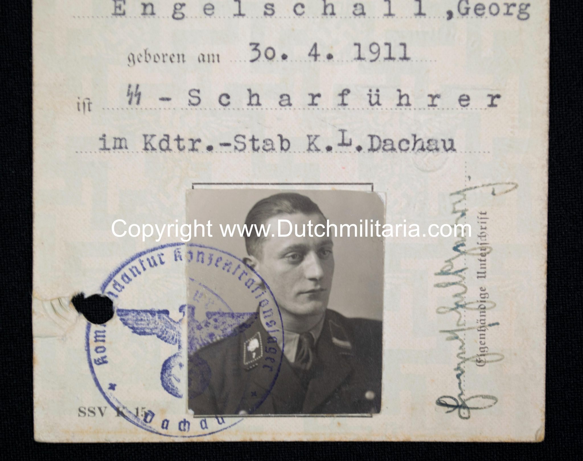 SS-Unterführer Ausweis Georg Engelschall Staff Concentrationcamp Dachau (and later Auschwitz) - Extremely rare!!!
