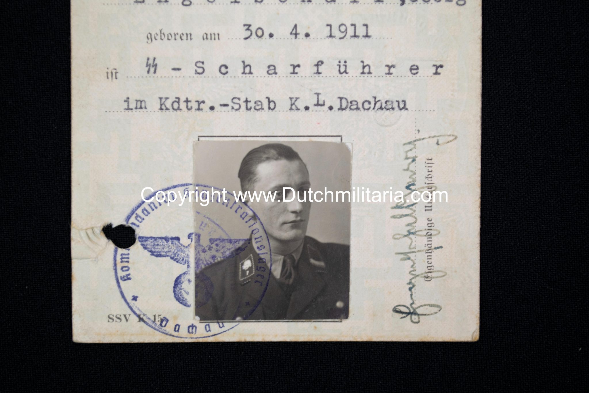 SS-Unterführer Ausweis Georg Engelschall Staff Concentrationcamp Dachau (and later Auschwitz) - Extremely rare!!!