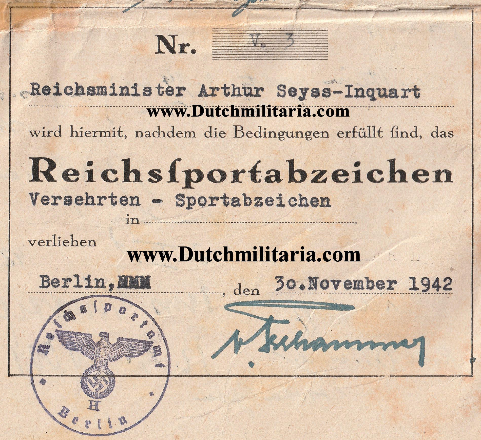 Arthur Seyss-Inquart personal pass for the Reichssportabzeichen für Versehrten - unique