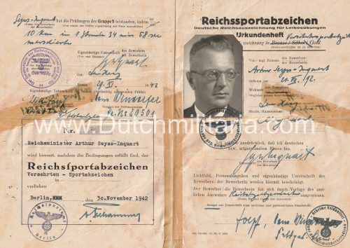 Arthur Seyss-Inquart personal pass for the Reichssportabzeichen für Versehrten - unique