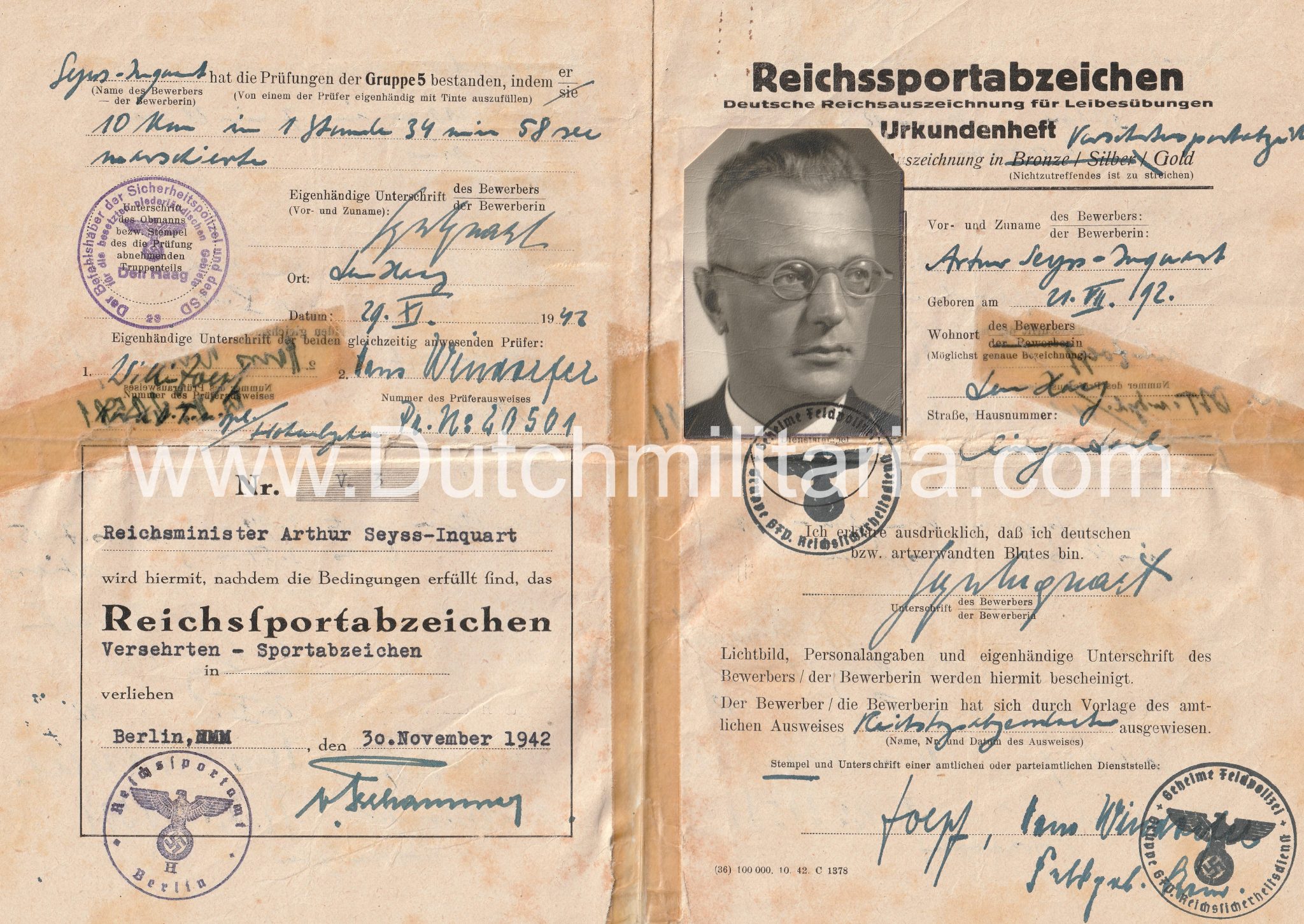 Arthur Seyss-Inquart personal pass for the Reichssportabzeichen für Versehrten – unique (3) Arthur Seyss-Inquart personal pass for the Reichssportabzeichen für Versehrten - unique