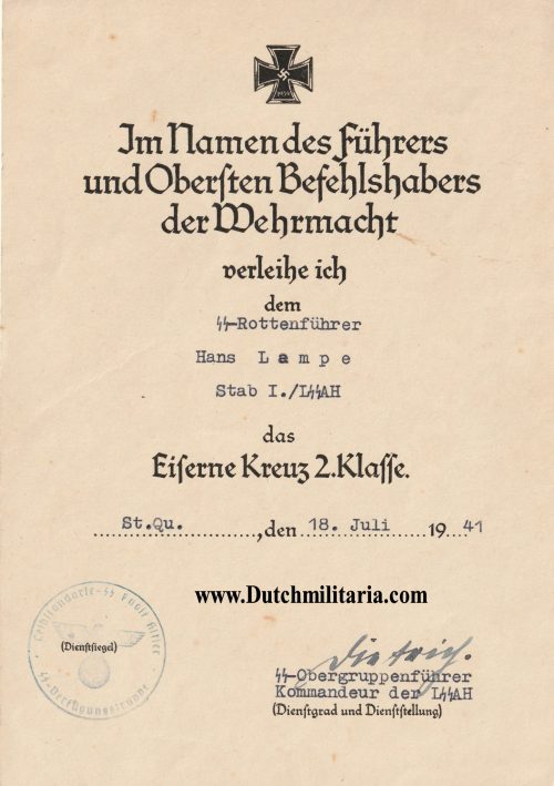 (Citation) Eiserne Kreuz 2. Klasse - SS-Rottenführer Stab I.LSSAH with original Sepp Dietrich autograph - RARE