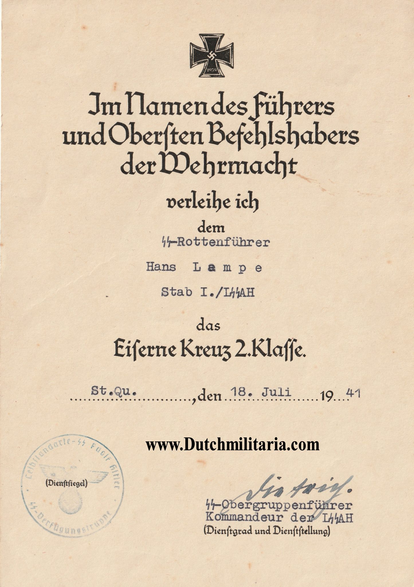 (Citation) Eiserne Kreuz 2. Klasse - SS-Rottenführer Stab I.LSSAH with original Sepp Dietrich autograph - RARE