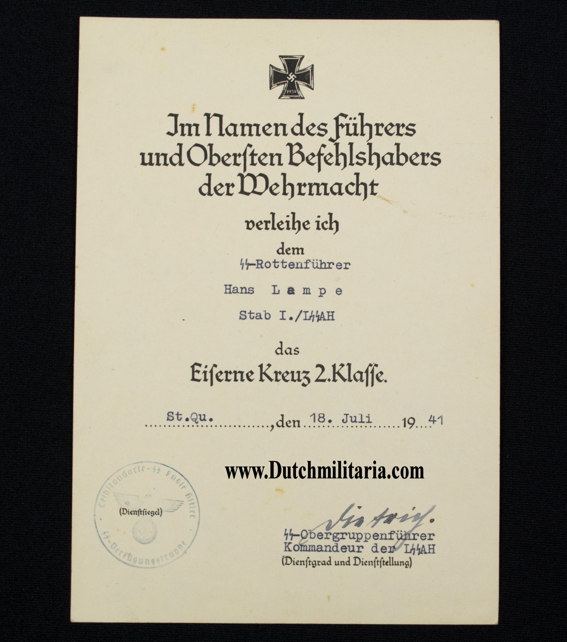 (Citation) Eiserne Kreuz 2. Klasse - SS-Rottenführer Stab I./LSSAH with original Sepp Dietrich autograph - RARE - Image 3
