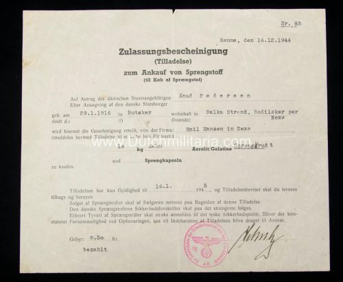 (Denmark) Zulassungsbescheinigung zum Ankauf bon Sprengstoff (1944) signed and stamped by the Befehlshaber der Sicherheitspolizei und des SD in Denmark - VERY RARE