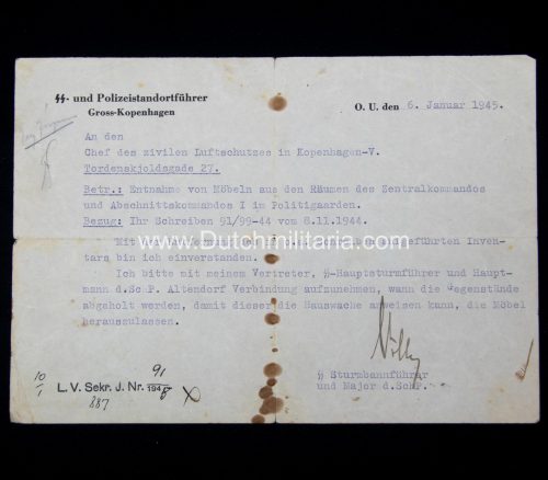 (Document Denmark) SS- und Polizeistandortführer Gross-Kopenhagen removal of furniture (1945) - rare