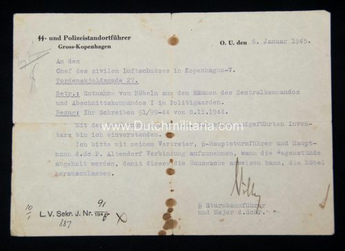 (Document Denmark) SS- und Polizeistandortführer Gross-Kopenhagen removal of furniture (1945) - rare