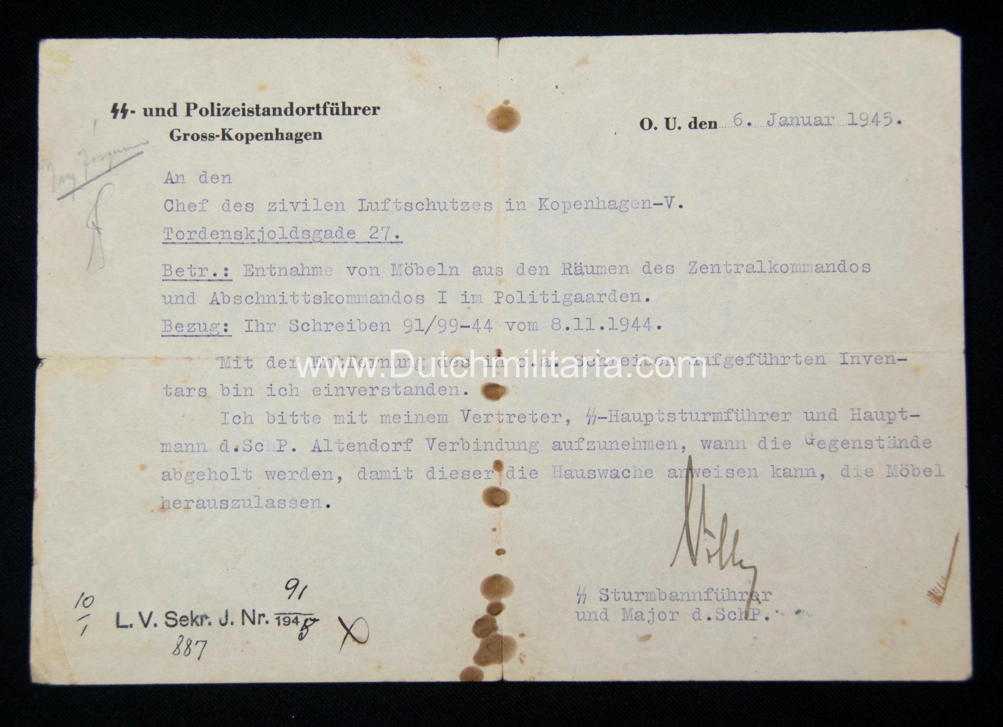 (Document Denmark) SS- und Polizeistandortführer Gross-Kopenhagen removal of furniture (1946) – rare (Document Denmark) SS- und Polizeistandortführer Gross-Kopenhagen removal of furniture (1945) - rare