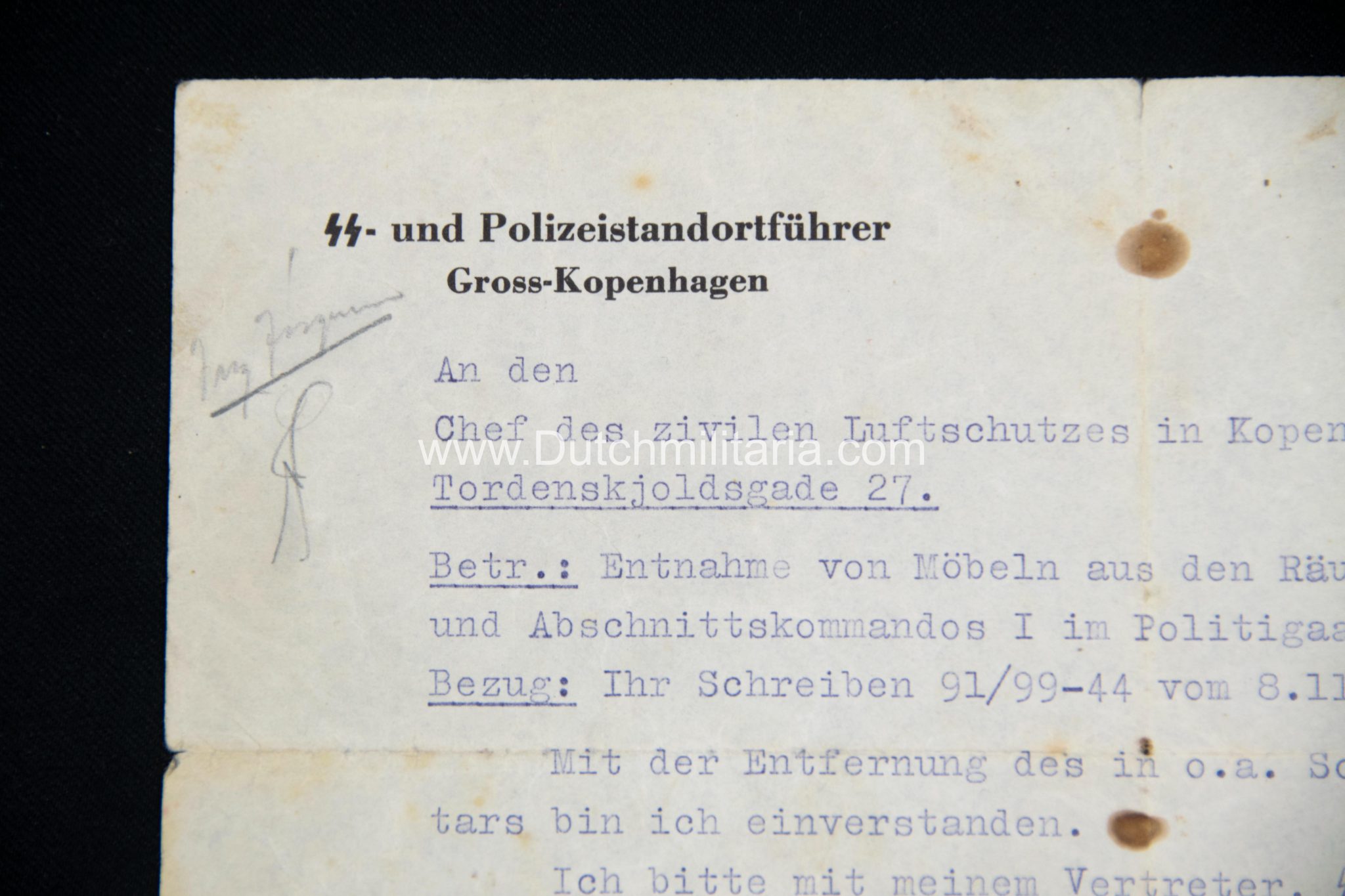 (Document Denmark) SS- und Polizeistandortführer Gross-Kopenhagen removal of furniture (1945) - rare