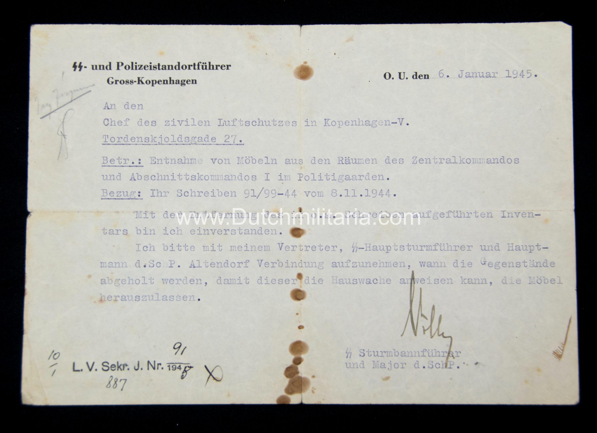 (Document Denmark) SS- und Polizeistandortführer Gross-Kopenhagen removal of furniture (1945) - rare