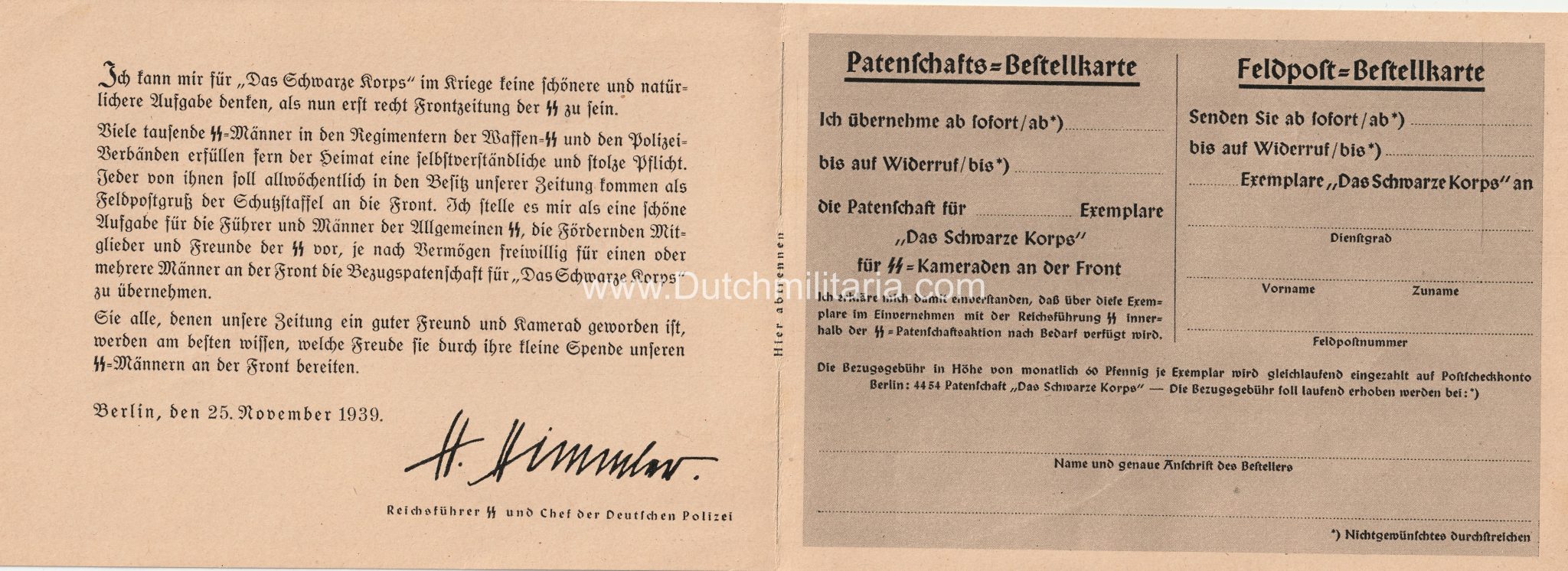 Heinrich Himmler Das Schwarze Korps Bestellkarte (Klappkarte) – RARE (2) Heinrich Himmler Das Schwarze Korps Bestellkarte (Klappkarte) - RARE