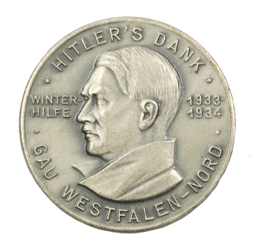 Hitlers Dank Winterhilfde 1933-1934 Gau Westfalen Nord abzeichen in silver