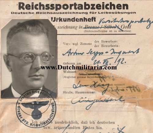Arthur Seyss-Inquart personal pass for the Reichssportabzeichen für Versehrten - unique