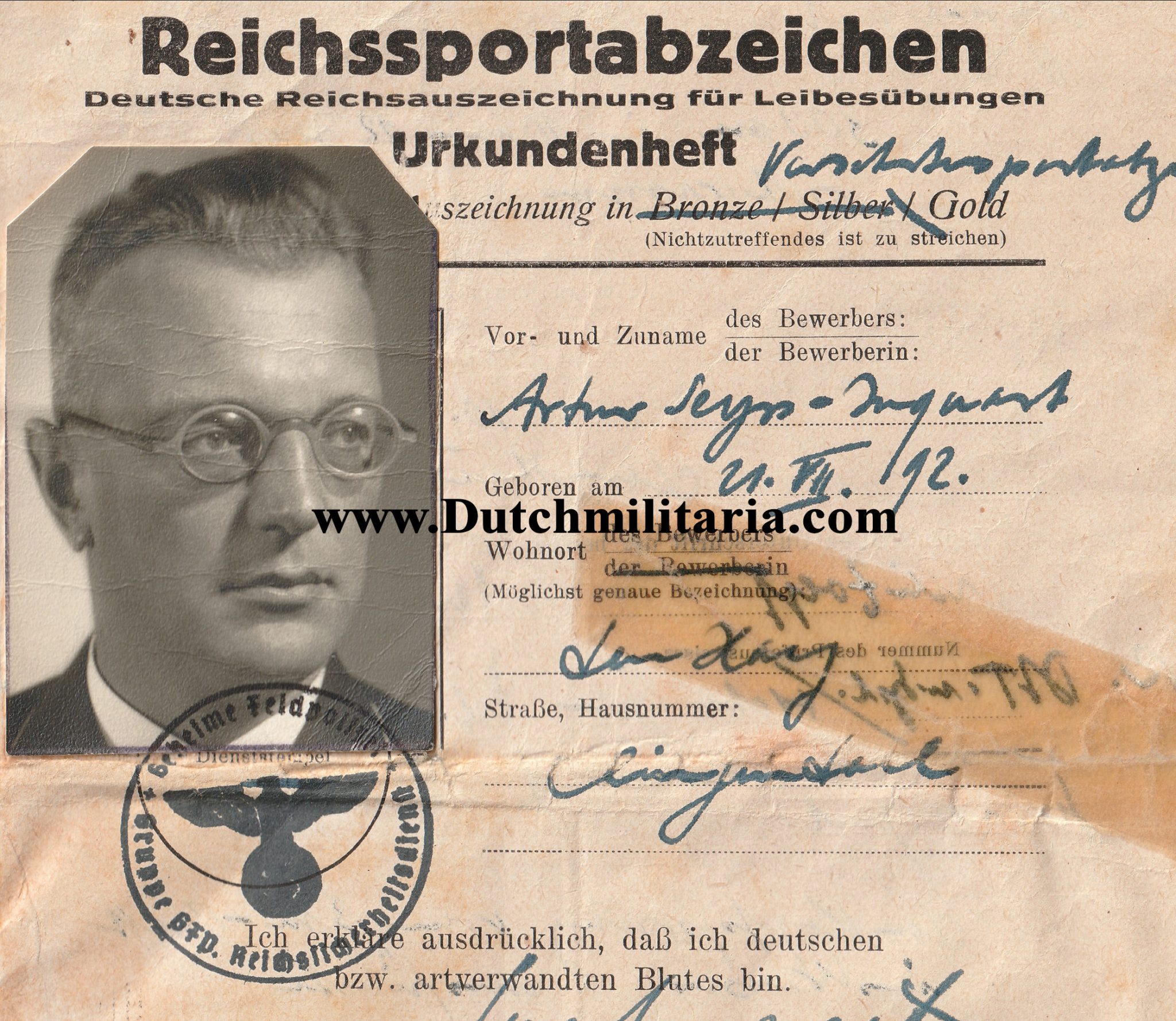 Arthur Seyss-Inquart personal pass for the Reichssportabzeichen für Versehrten - unique