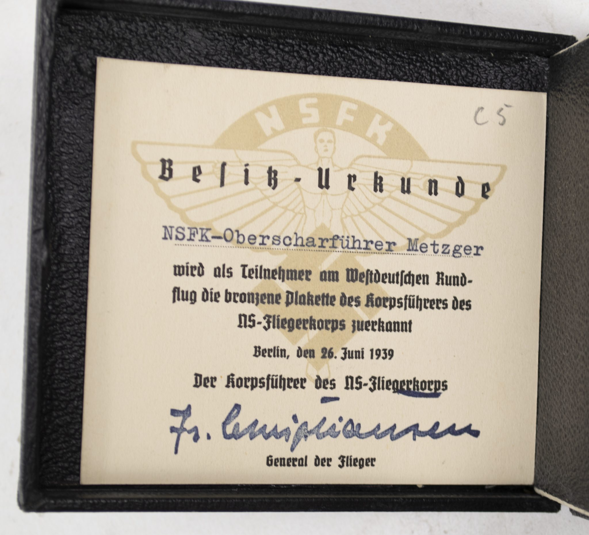 NSFK plaque Westdeutscher Rundflug 24.u.25.6.1939 + case + citation