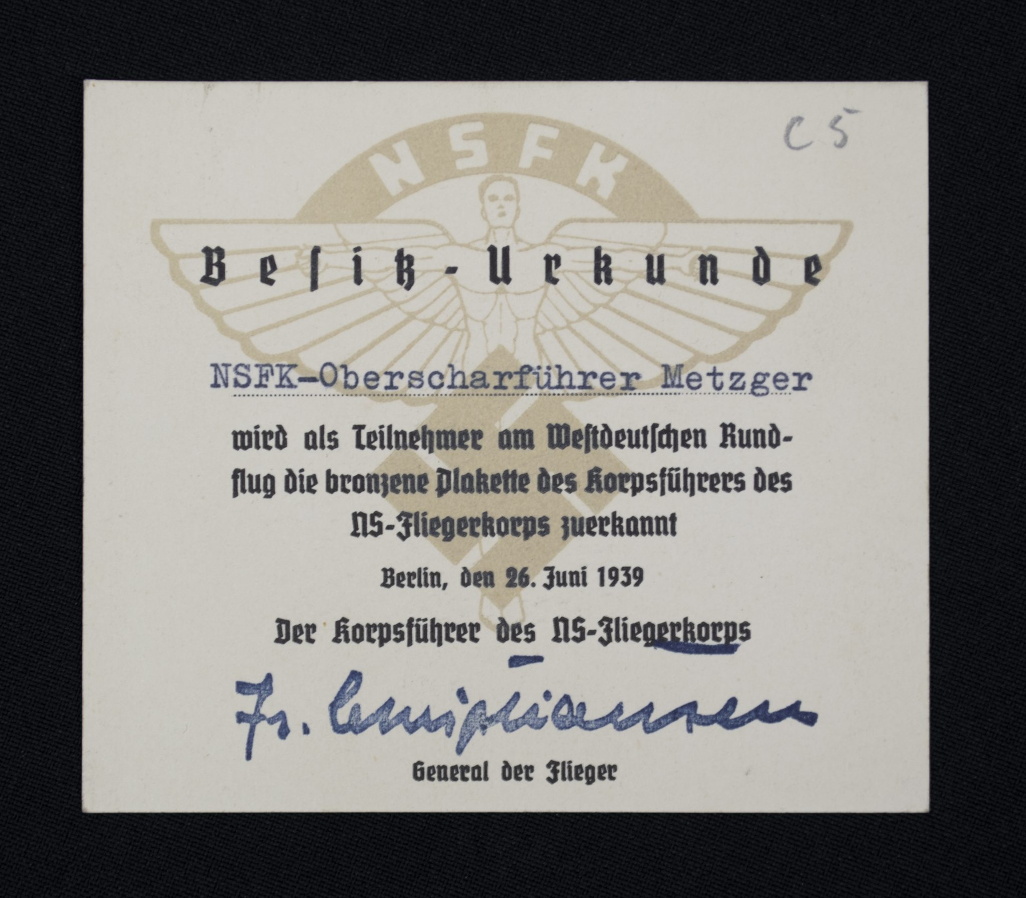 NSFK plaque Westdeutscher Rundflug 24.u.25.6.1939 + case + citation