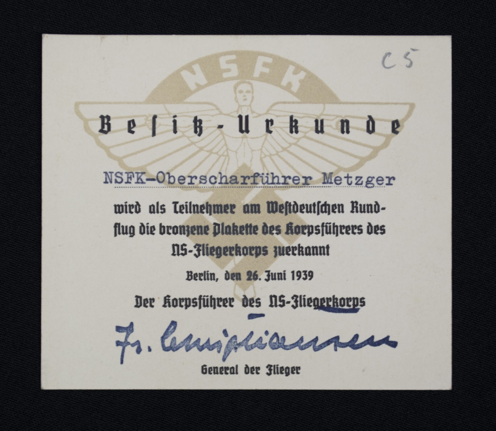 NSFK plaque Westdeutscher Rundflug 24.u.25.6.1939 + case + citation