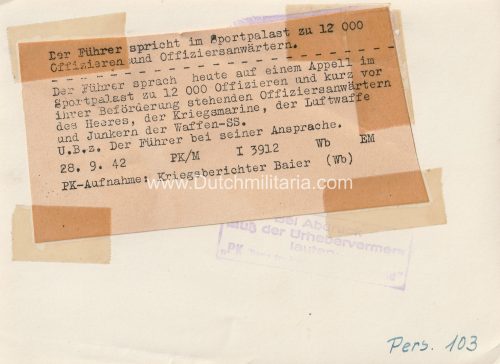 (Pressphoto) Der Führer spricht im Sportpalast zu 12.000 Offizieren und Offiziersanwärtern (1942)