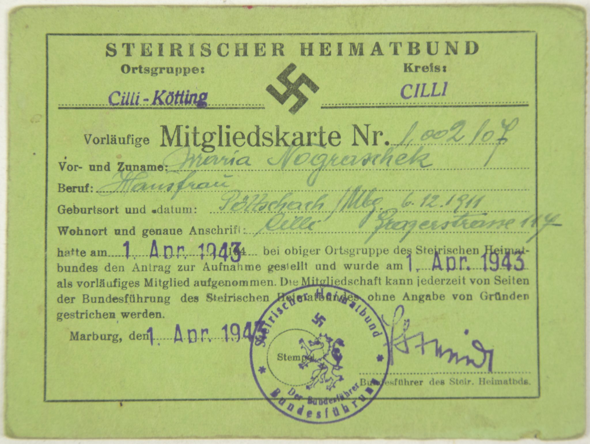 Steirischer Heimatbund Mitgliedskarte (1944)