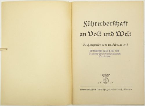 (Brochure) Führerbotschaft an Volk und Welt, Reichstagsrede vom 20. Februar 1938