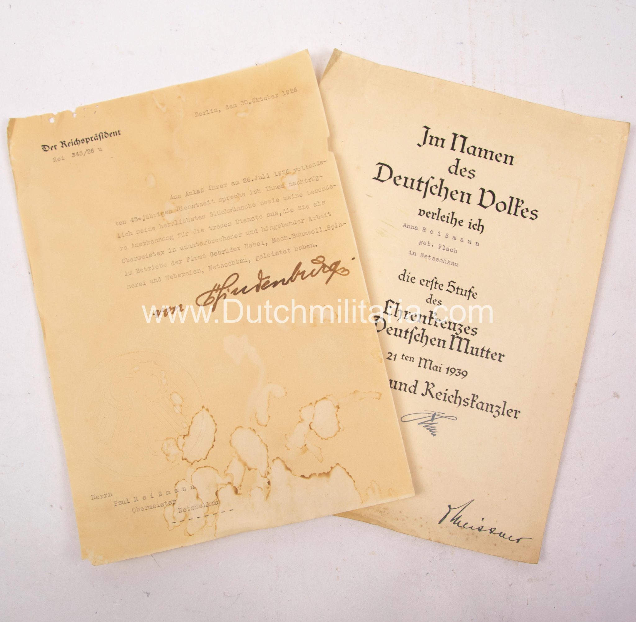 Mutterkreuz citation + Original autographed Paul von Hindenburg loyal service document – rare (2)