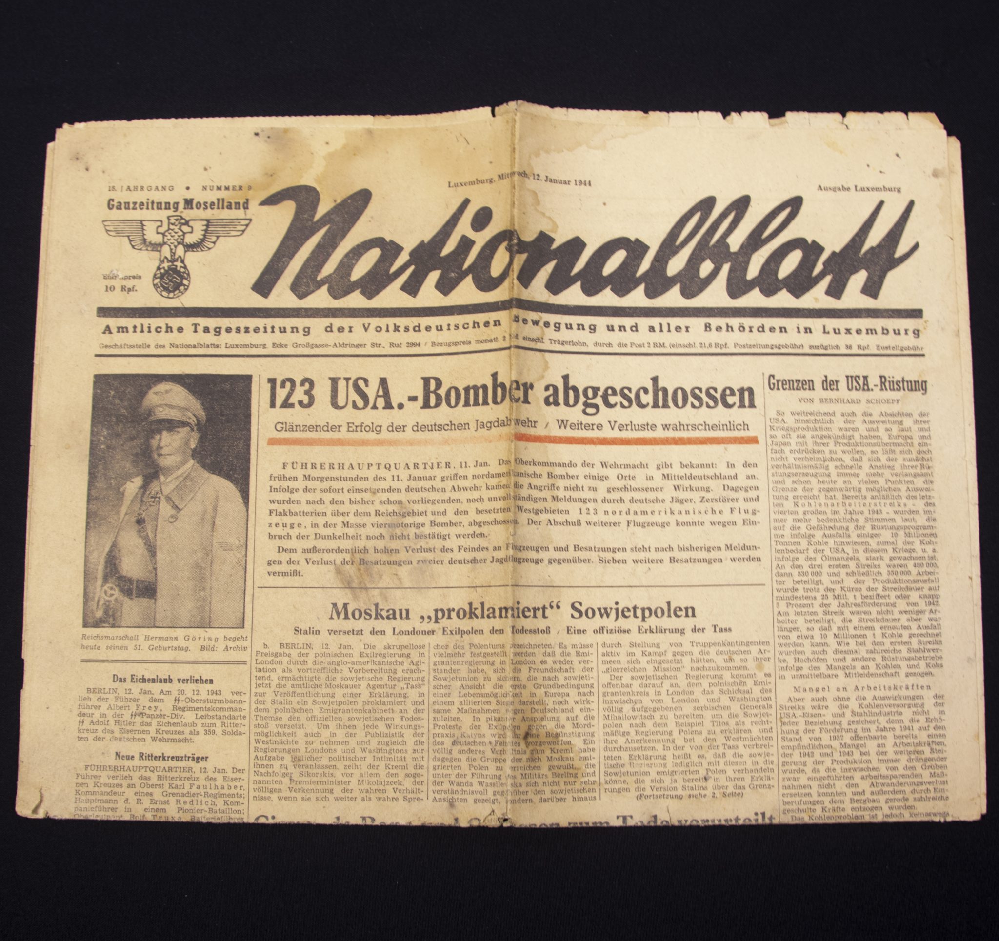 (Newspaper) Nationalblatt - Gauzeitung Moselland - Ausgabe Luxemburg 12 Januar 1944 - rare