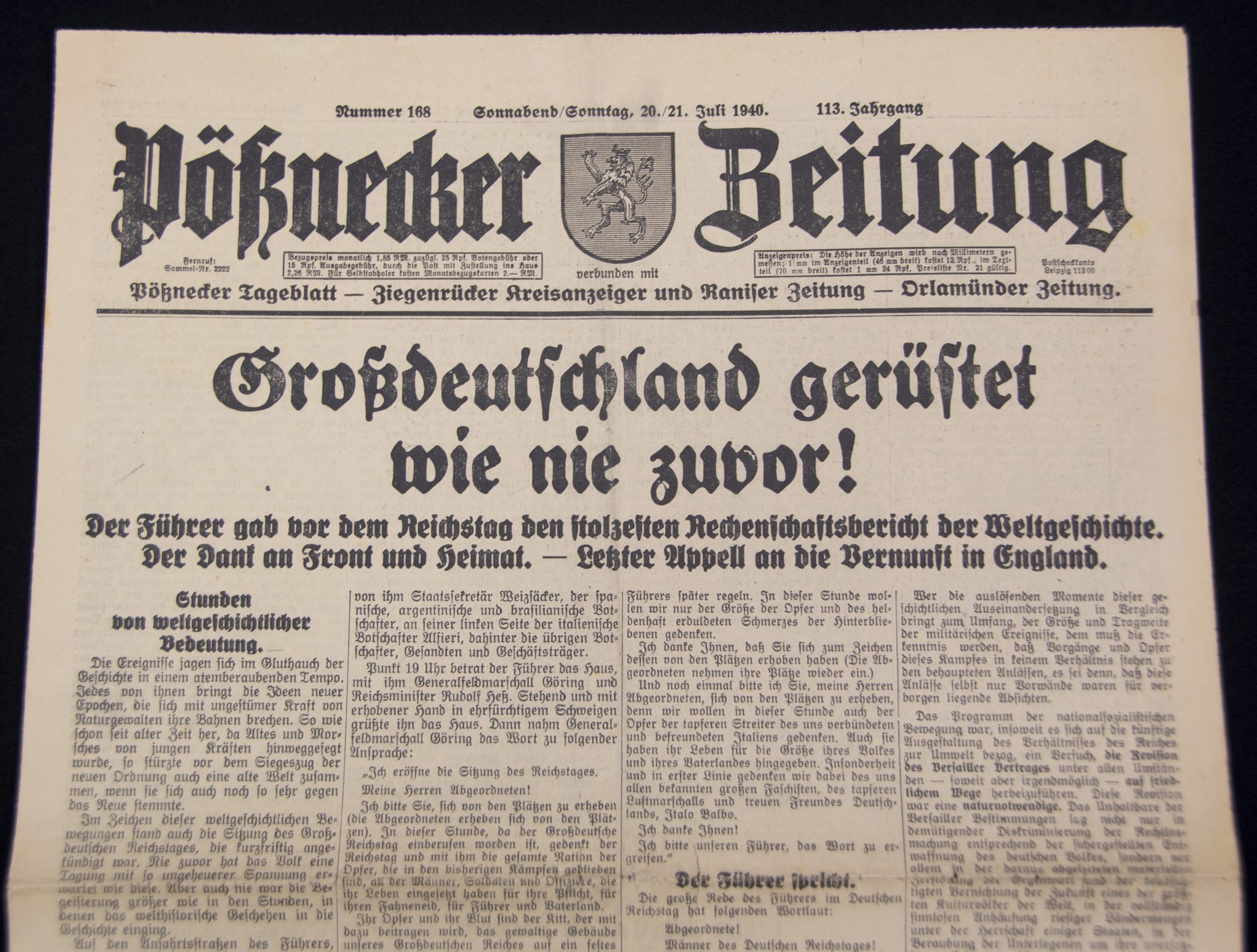 (Newspaper) Pößnecker Zeitung Nr. 168 – 20.21. Juli 1940 – rare (2) (Newspaper) Pößnecker Zeitung Nr. 168 - 20.21. Juli 1940 - rare