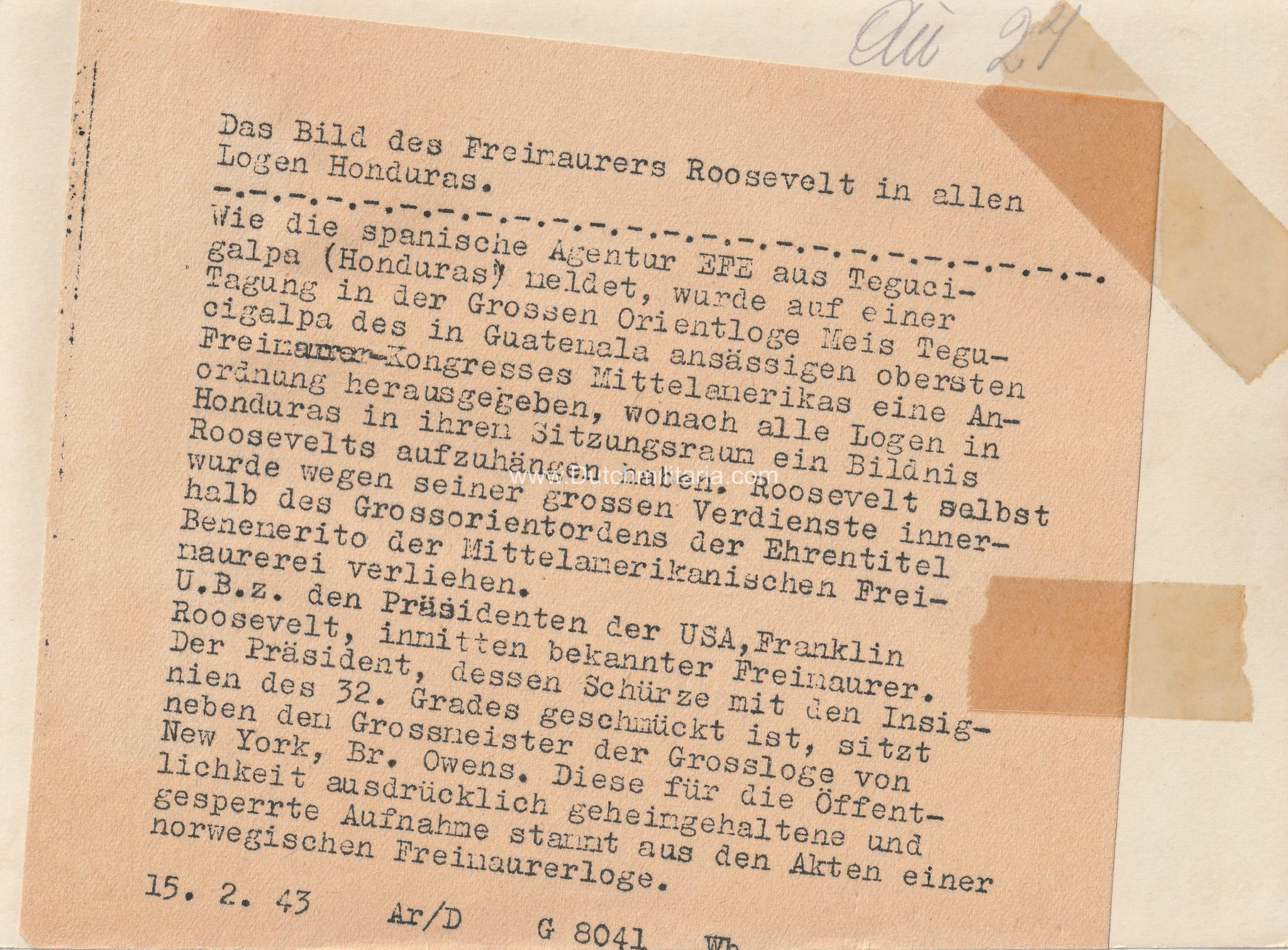 (Pressphoto) Das Bild des Freimaurers Roosevelt in allen Logen Honduras (1944) (Pressphoto) Das Bild des Freimaurers Roosevelt in allen Logen Honduras (1943)