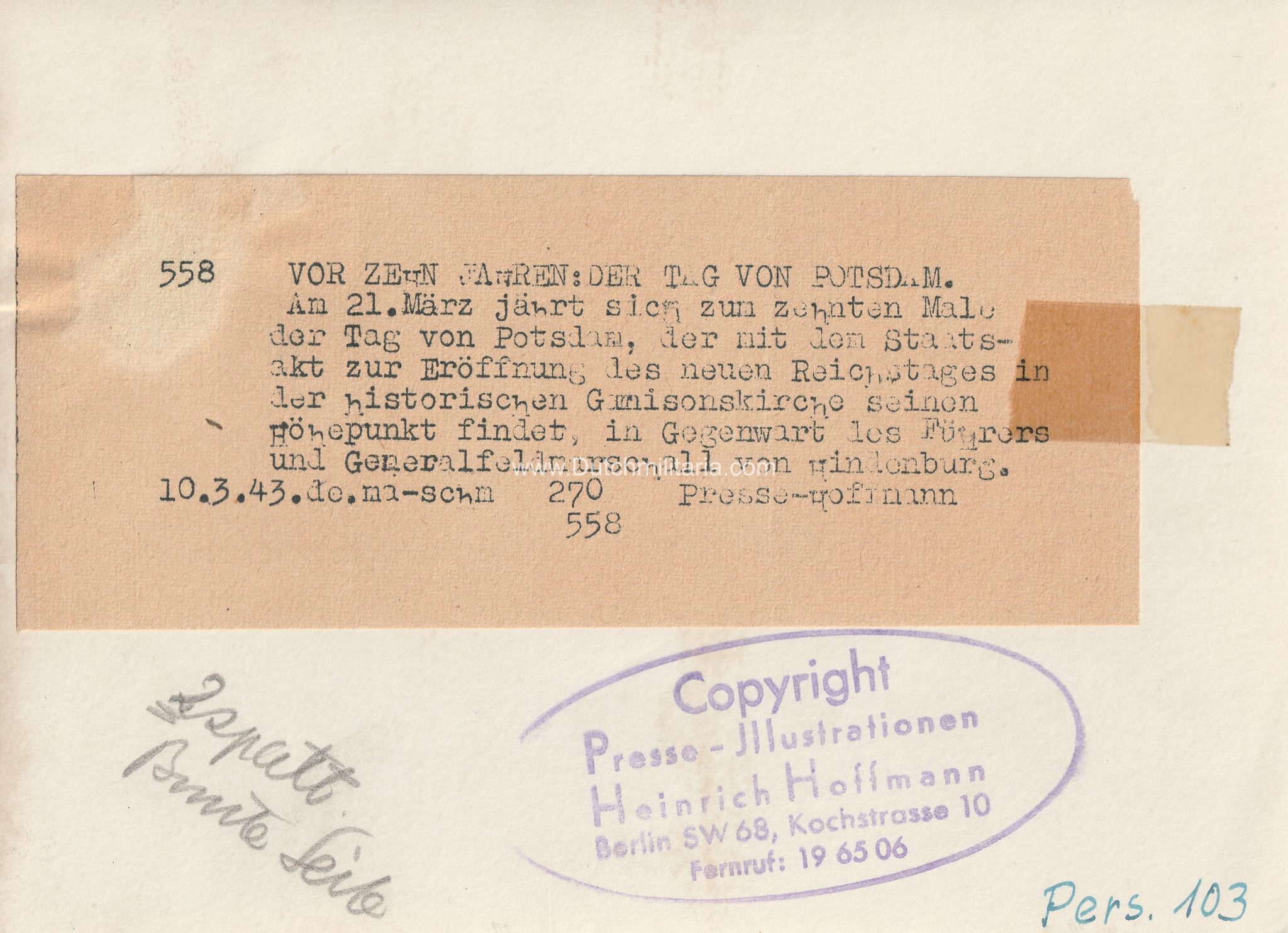 (Pressphoto) Vor Zehn jahren Der Tag von Potsdam – Hindenburg Hitler (1944) (Pressphoto) Vor Zehn jahren Der Tag von Potsdam - Hindenburg Hitler (1943)