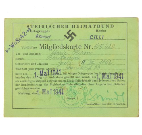 Steirischer Heimatbund Mitgliedskarte (1941)