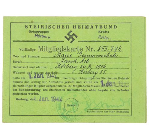 Steirischer Heimatbund Mitgliedskarte (1942)