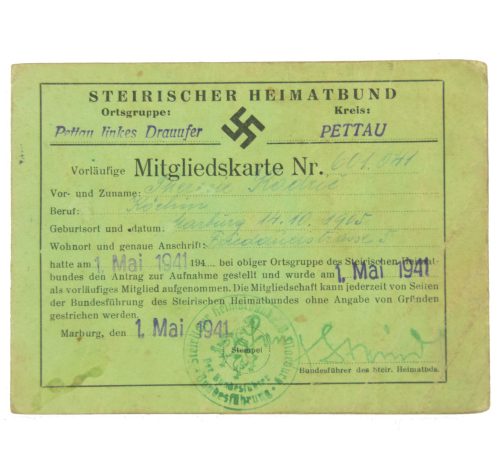 Steirischer Heimatbund Mitgliedskarte (1941) with extra Anhang karte
