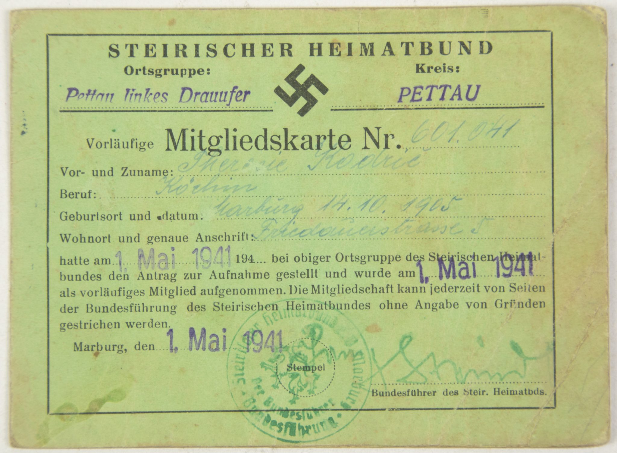 Steirischer Heimatbund Mitgliedskarte (1947) with extra Anhang karte