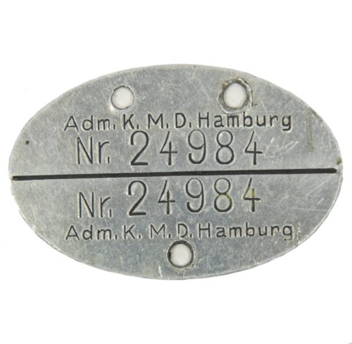 WWII Kriegsmarine (KM) Erkennungsmarke Adm. K. M. D. Hamburg Nr. 24984