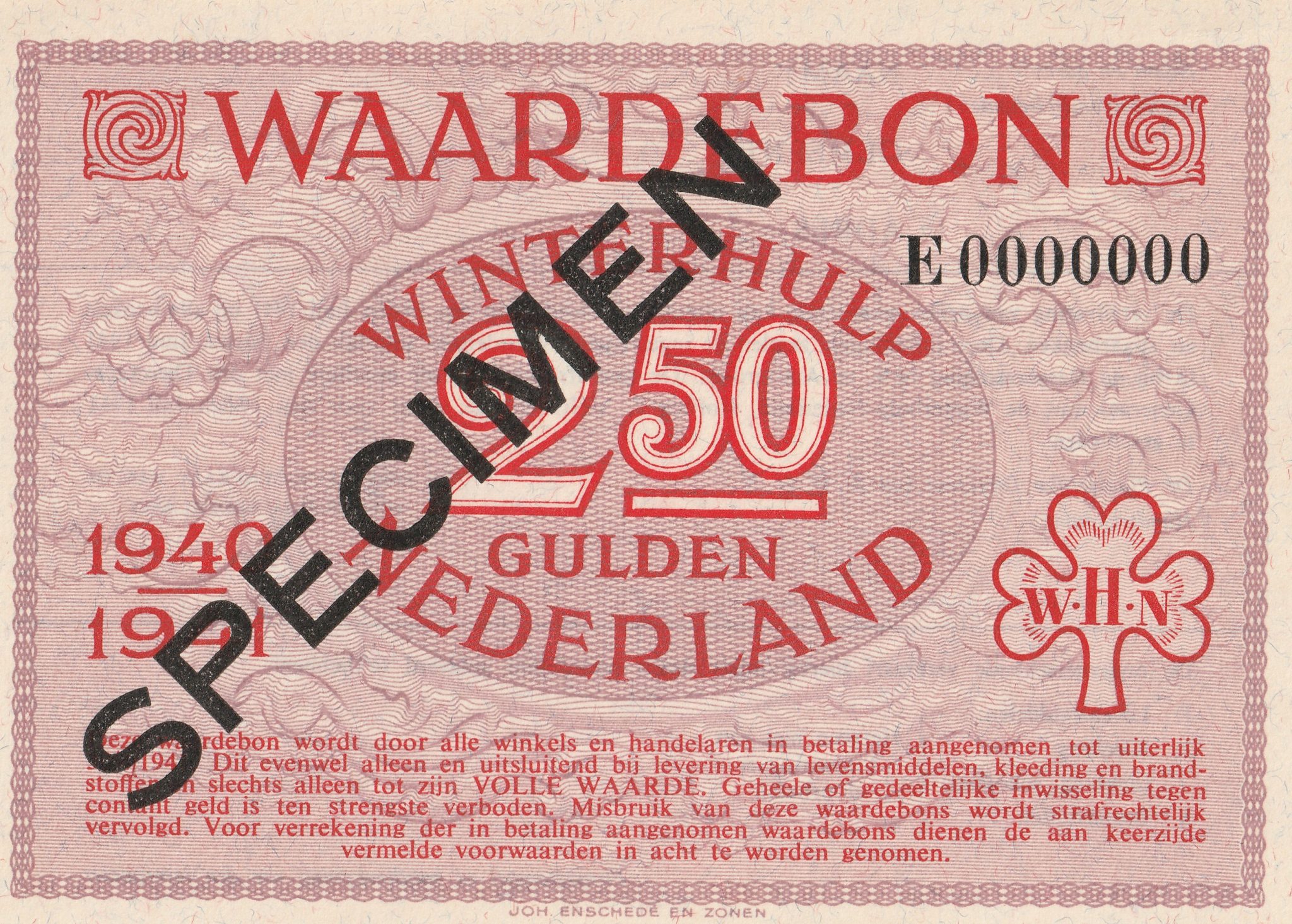 Winterhulp Nederland 1940-1941 (WHN) 2,50 Gulden Waardebon (Specimen)