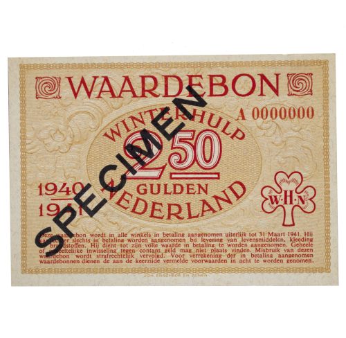 Winterhulp Nederland 1940-1941 (WHN) 2,5 GULDEN Waardebon (Specimen)