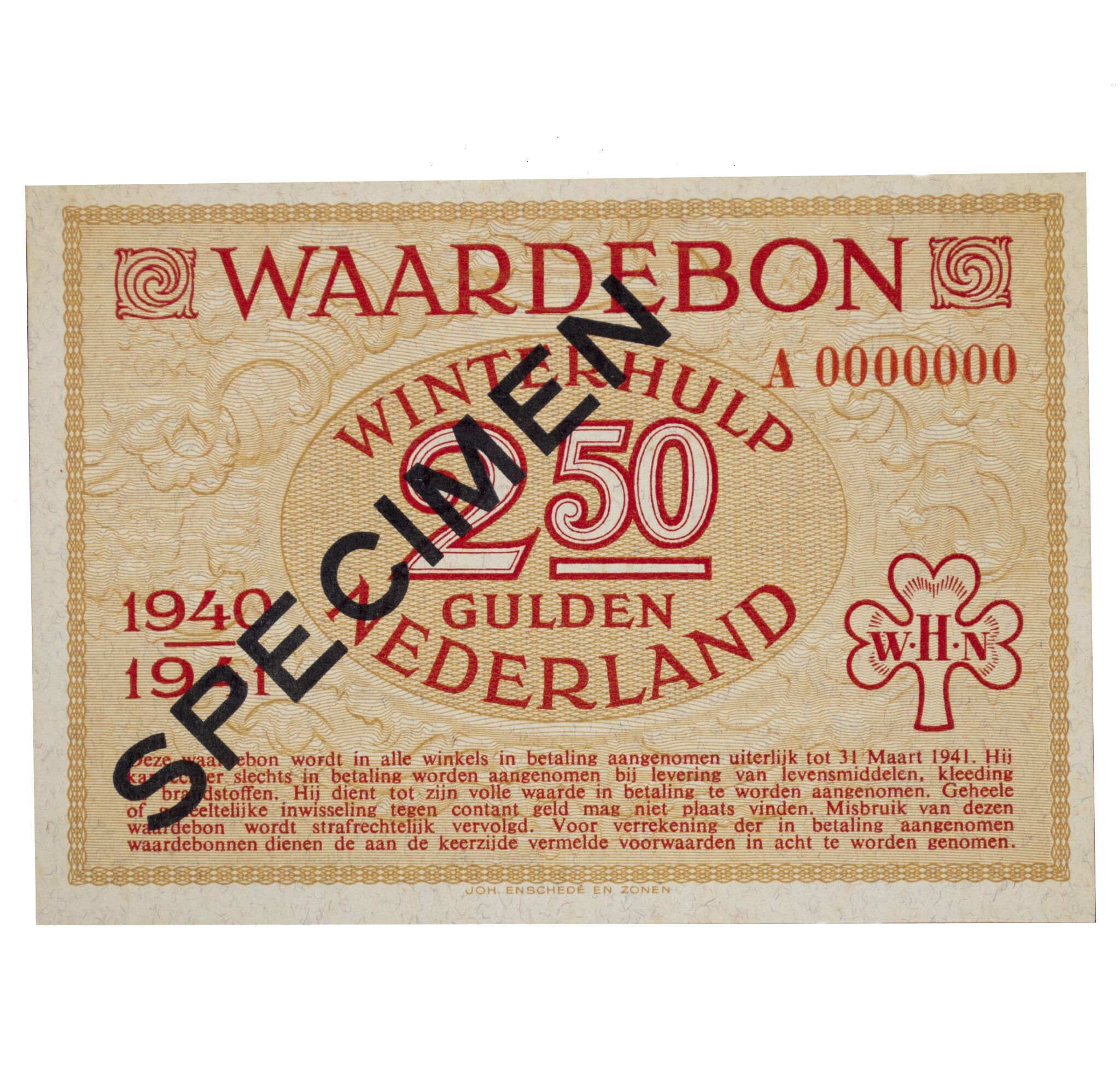 Winterhulp Nederland 1940-1941 (WHN) 2,5 GULDEN Waardebon (Specimen)