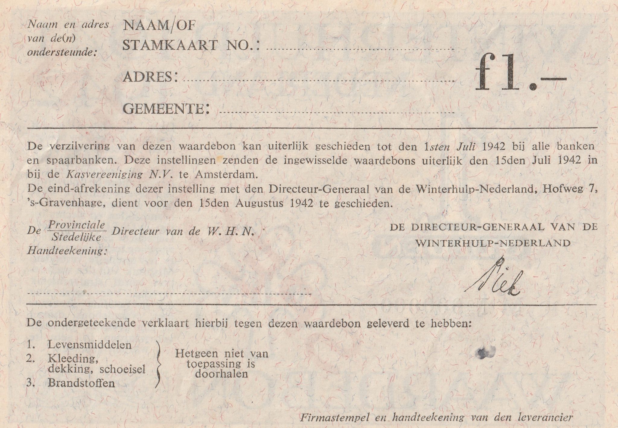 Winterhulp Nederland 1941-1942 (WHN) 1 Gulden Waardebon (Specimen) (2) Winterhulp Nederland 1941-1942 (WHN) 1 Gulden Waardebon (Specimen)