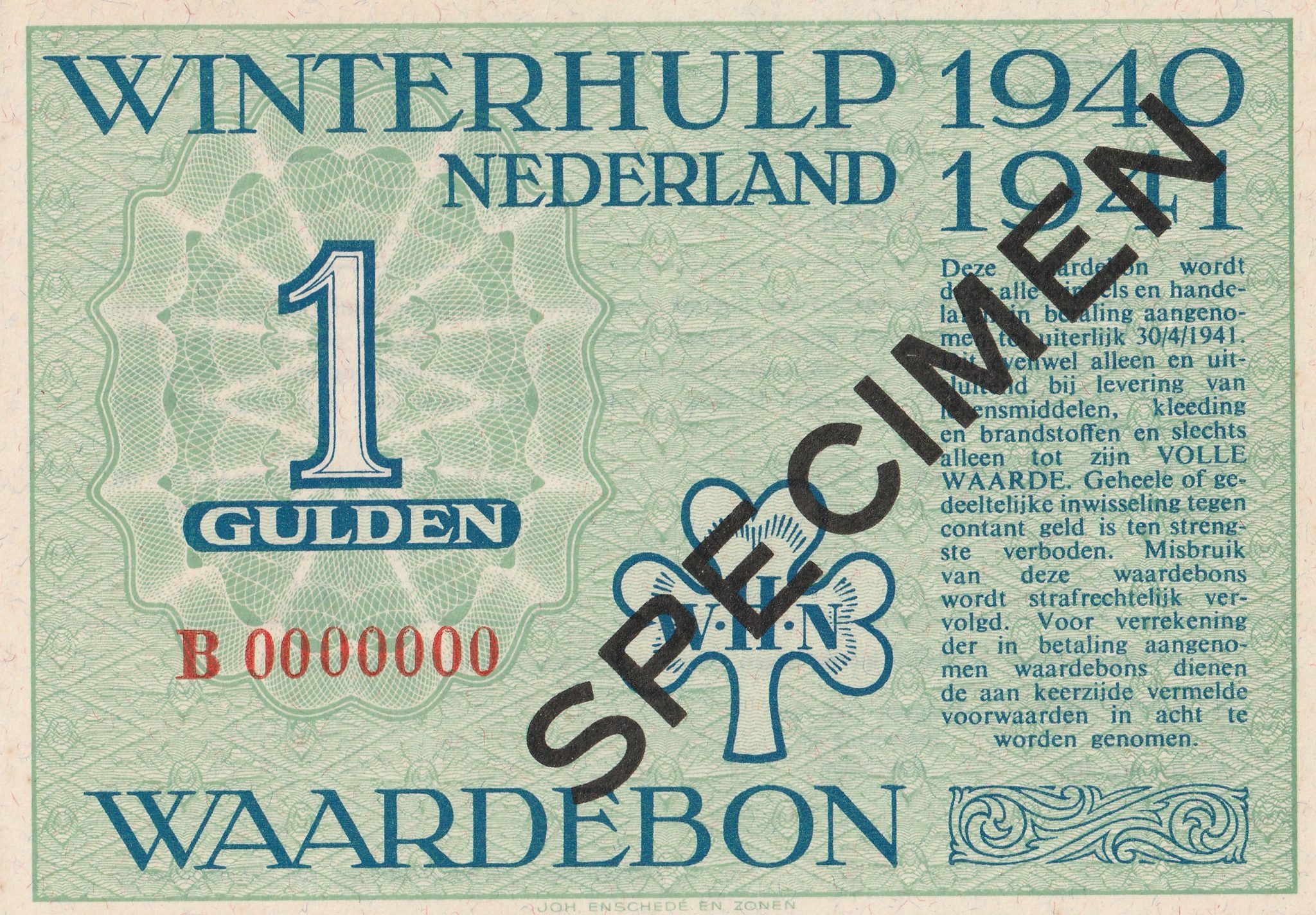 Winterhulp Nederland 1940-1941 (WHN) 1 Gulden Waardebon (Specimen)