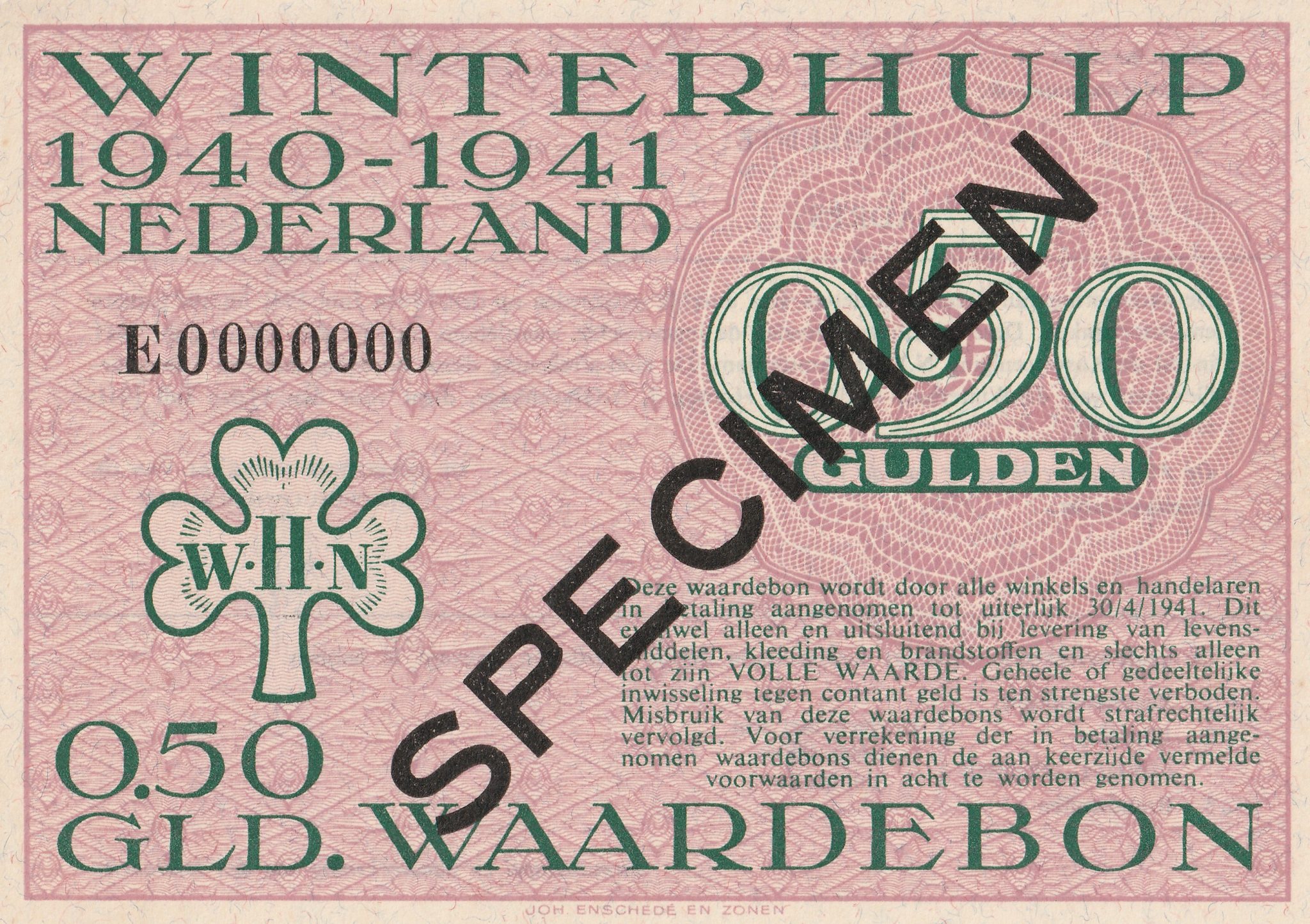 Winterhulp Nederland 1940-1941 (WHN) 0,50 Gulden Waardebon (Specimen)