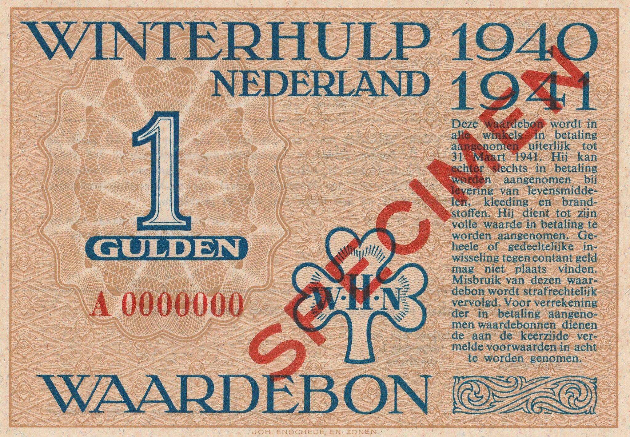 Winterhulp Nederland 1940-1941 (WHN) 1 Gulden Waardebon (Specimen)