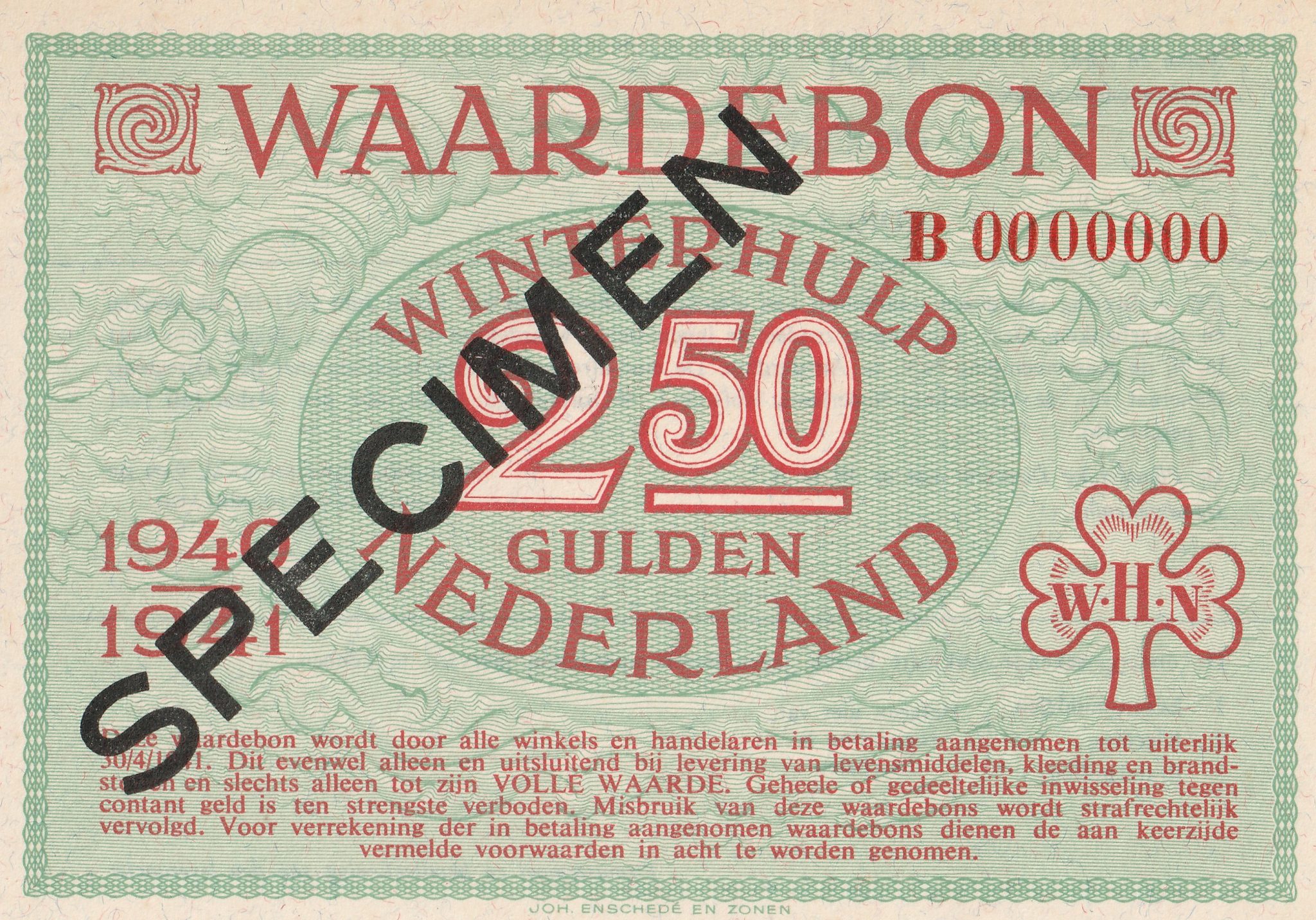 Winterhulp Nederland 1940-1941 (WHN) 2,50 Gulden Waardebon (Specimen)