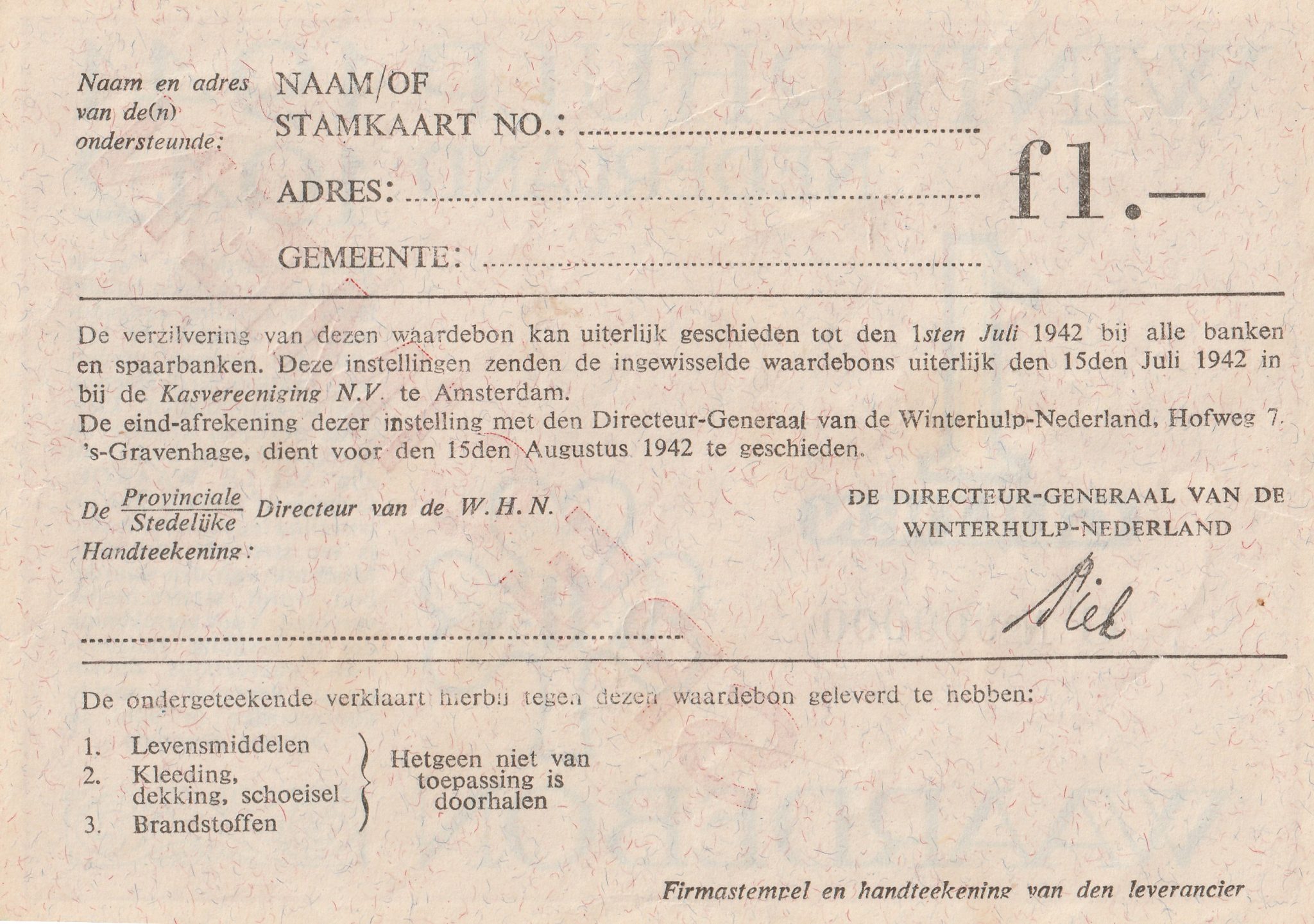 Winterhulp Nederland 1941-1942 (WHN) 1 Gulden Waardebon (Specimen) (2) Winterhulp Nederland 1941-1942 (WHN) 1 Gulden Waardebon (Specimen)