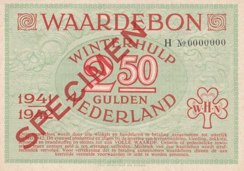Winterhulp Nederland 1940-1941 (WHN) 2,50 Gulden Waardebon (Specimen)