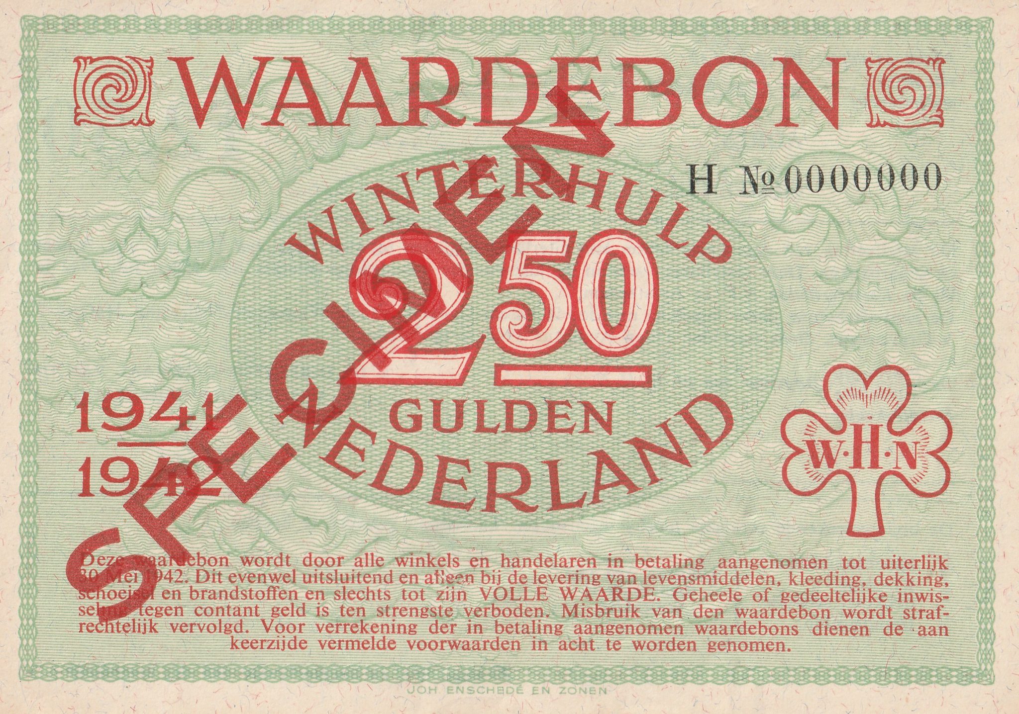 Winterhulp Nederland 1940-1941 (WHN) 2,50 Gulden Waardebon (Specimen)